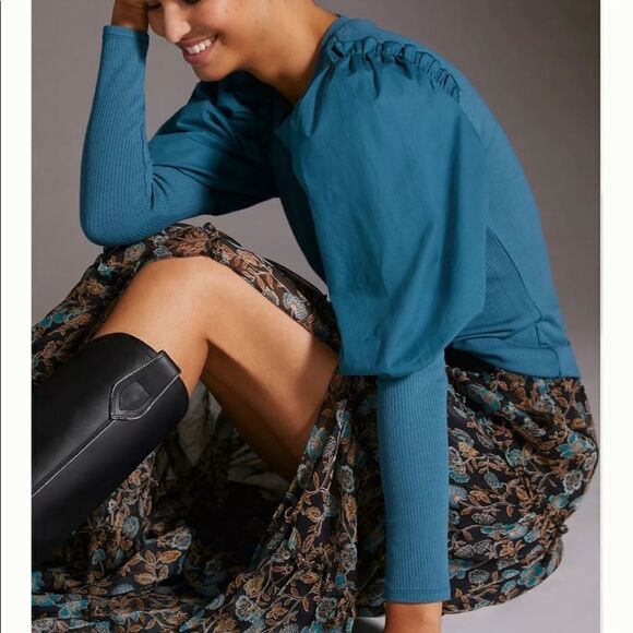 Anthropologie Ruffled Contrast Top | Size: XS Petite | Color: Turquoise - Picture 2 of 6